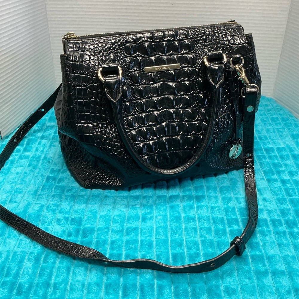 BRAHIM Black Croc Embossed Satchel Crossbody/2 leather rolled straps